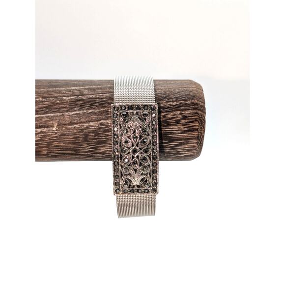 Marcasite Center Piece  Silvertone Mesh Buckle Band Designer Style Bracelet - Picture 6 of 7